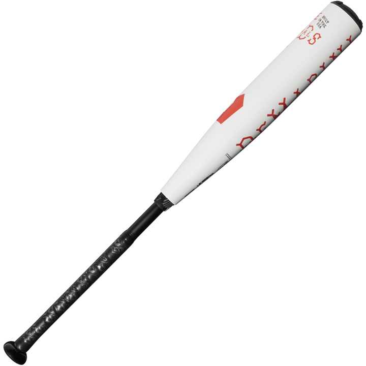 The 2025 DeMarini The Goods (-8) 2 3/4" USSSA Baseball Bat (WBD2536010) features a white and black design with red accents, X14 Alloy Barrel, black grip, and modern details—shown on a plain white background.