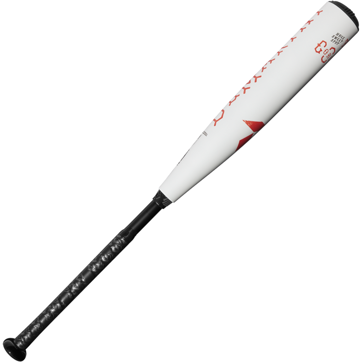 The 2025 DeMarini The Goods (-8) 2 3/4" USSSA Baseball Bat (WBD2536010), in white and black with red accents and a black grip, is displayed diagonally on a plain white background.