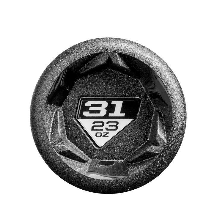 A close-up of the end of a black 31-pound (23-ounce) hex dumbbell shows bold white weight markings, reminiscent of the crisp labeling on a DeMarini The Goods (-8) 2 3/4" USSSA Baseball Bat: WBD2536010.
