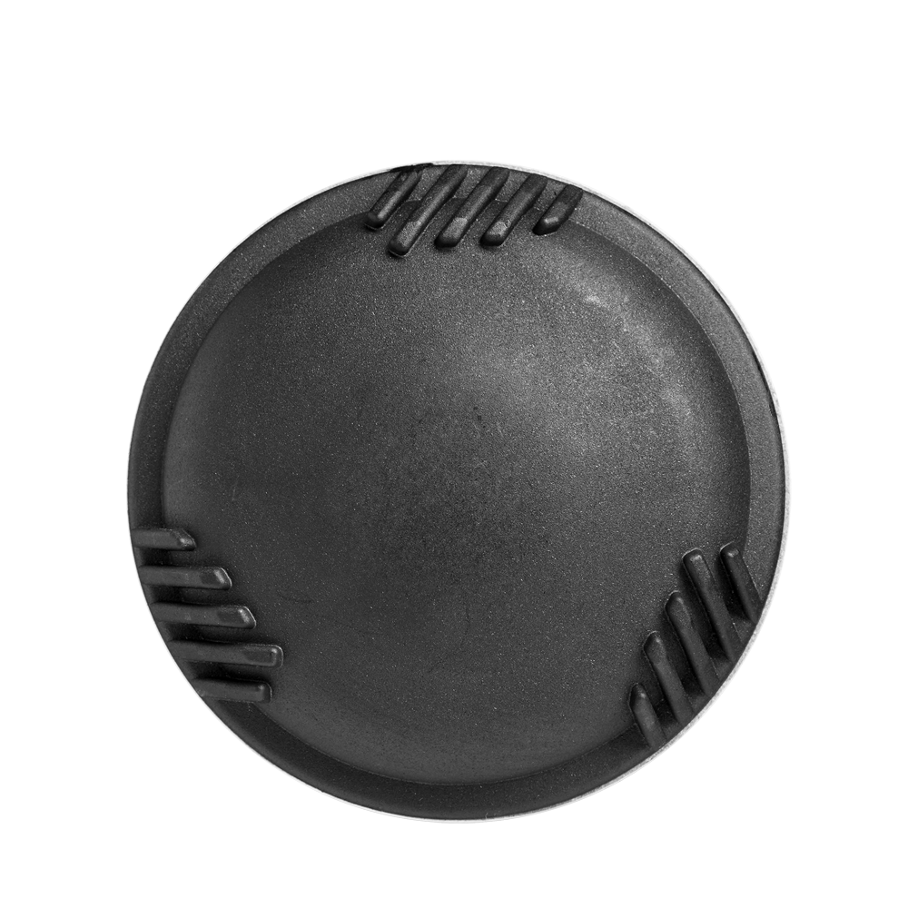 A round, black object with a smooth domed center and three sets of parallel grooves along its edge, reminiscent of the precision engineering in the DeMarini The Goods (-8) USSSA Baseball Bat (WBD2536010), sits on a plain white background.