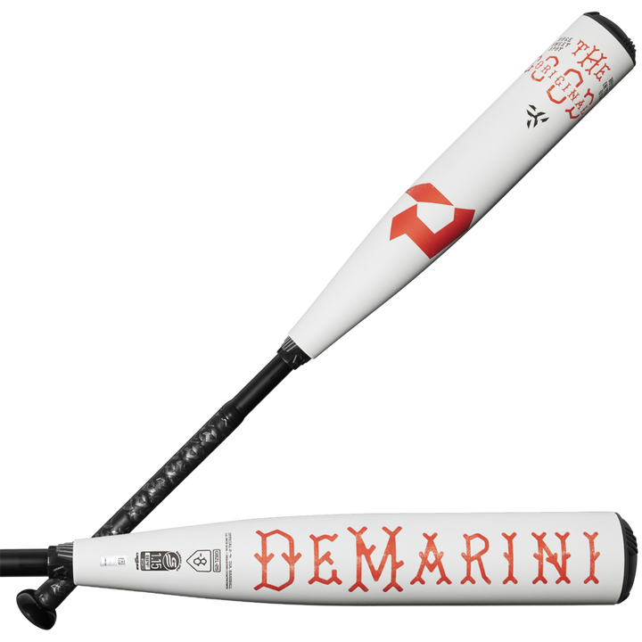 Two white 2025 DeMarini The Goods (-8) USSSA baseball bats with black handles are shown. One bat displays the red “DeMarini” logo, while the other is angled to highlight “The Goods” and its X14 Alloy Barrel.