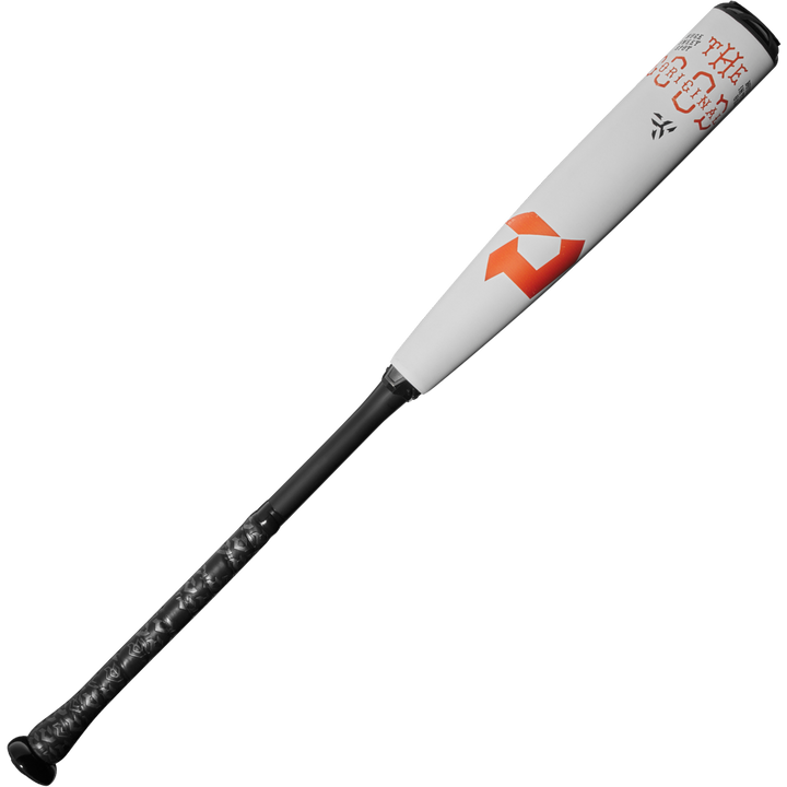 The 2025 DeMarini The Goods (-5) USSSA bat features a white and black design, black textured grip handle, orange geometric logo, and red "THE GOODS" text near the top of the X14 Alloy Barrel.