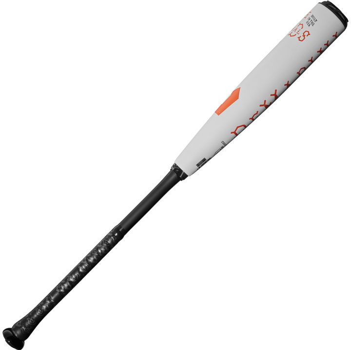 The 2025 DeMarini The Goods (-5) 2 5/8" USSSA Baseball Bat (WBD2537010) features a gray and black design with orange accents, a textured black handle, X14 Alloy Barrel for enhanced performance—all set against a plain white background.