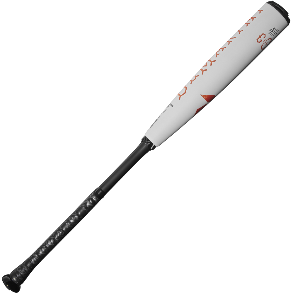 The 2025 DeMarini The Goods (-5) 2 5/8" USSSA Baseball Bat (WBD2537010) is shown in white and black with red accents, featuring a black textured grip and advanced X14 Alloy Barrel construction against a plain background.