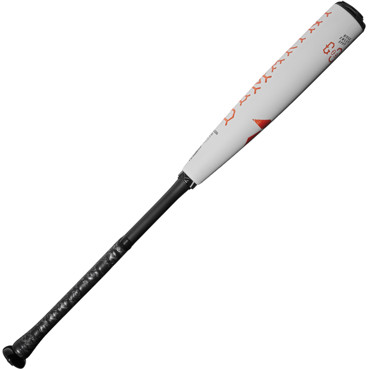 The 2025 DeMarini The Goods (-5) 2 5/8" USSSA Baseball Bat (WBD2537010) is shown in white and black with red accents, featuring a black textured grip and advanced X14 Alloy Barrel construction against a plain background.