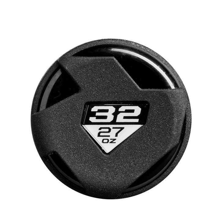 A black plastic lid with geometric cutouts features a white label reading 32 above 27 oz. on a triangular section, likely indicating the capacity of the DeMarini 2025 The Goods (-5) USSSA Baseball Bat: WBD2537010.