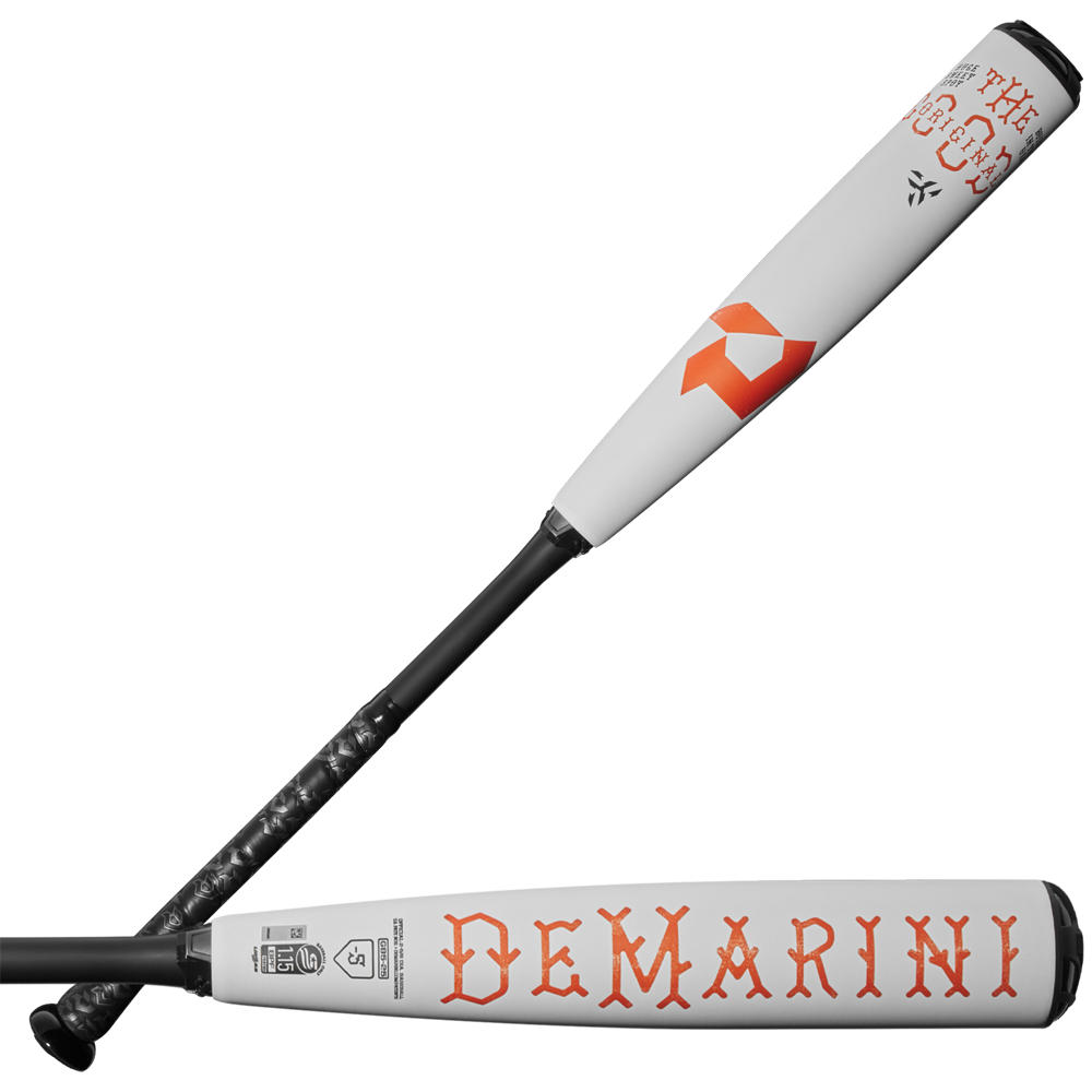 Two white DeMarini The Goods (-5) USSSA baseball bats with black handles—one has bold red DEMARINI lettering, the other features an orange logo and THE GOODS near the X14 Alloy Barrel—ideal for competitive play.