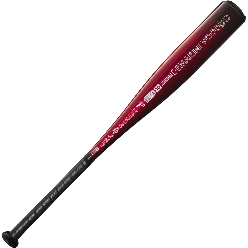 The 2025 DeMarini Voodoo One (-10) 2 3/4" USSSA Baseball Bat (WBD2538010) features a red and black design with white lettering, a black grip, flared knob, and X14 Alloy Barrel for top performance. Brand: DeMarini.