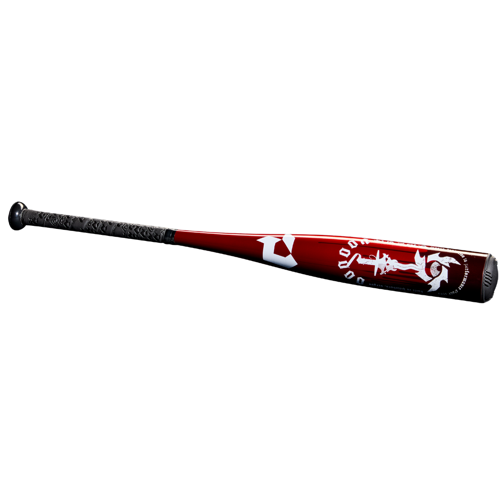 A metallic red 2025 DeMarini Voodoo One (-10) 2 3/4" USSSA Baseball Bat (WBD2538010 DEMO) features a black grip and white graphics on the X14 Alloy Barrel, by DeMarini, displayed on a plain white background.