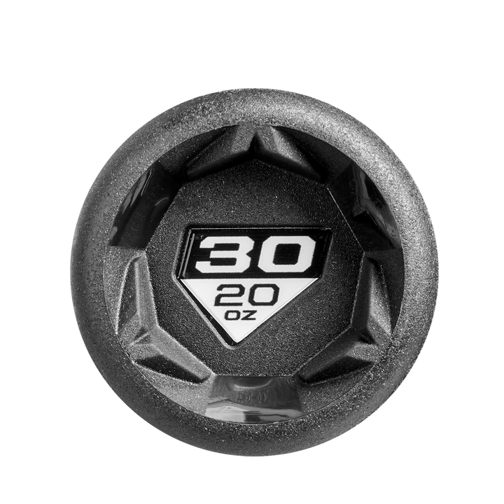 A top-down view of a black dumbbell end showcasing "30" in bold white and "20 oz" beneath, surrounded by a hexagonal pattern that echoes the X14 Alloy Barrel on the 2025 DeMarini Voodoo One (-10) USSSA Baseball Bat: WBD2538010.