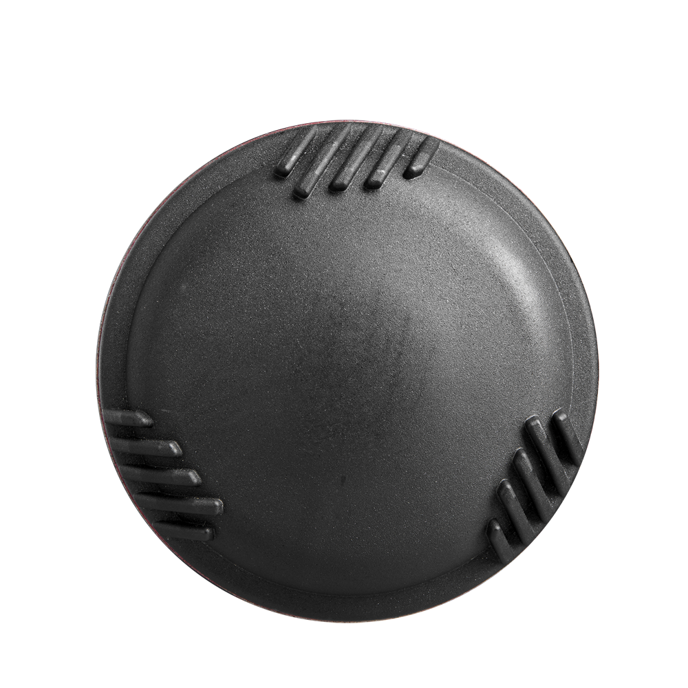 A round, black plastic item with a smooth center and three sets of raised ridges near the edge, resembling the grip on a 2025 DeMarini Voodoo One (-10) USSSA Baseball Bat (WBD2538010), is displayed against a plain white background.