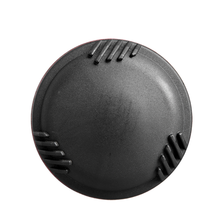 A round, black plastic item with a smooth center and three sets of raised ridges near the edge, resembling the grip on a 2025 DeMarini Voodoo One (-10) USSSA Baseball Bat (WBD2538010), is displayed against a plain white background.