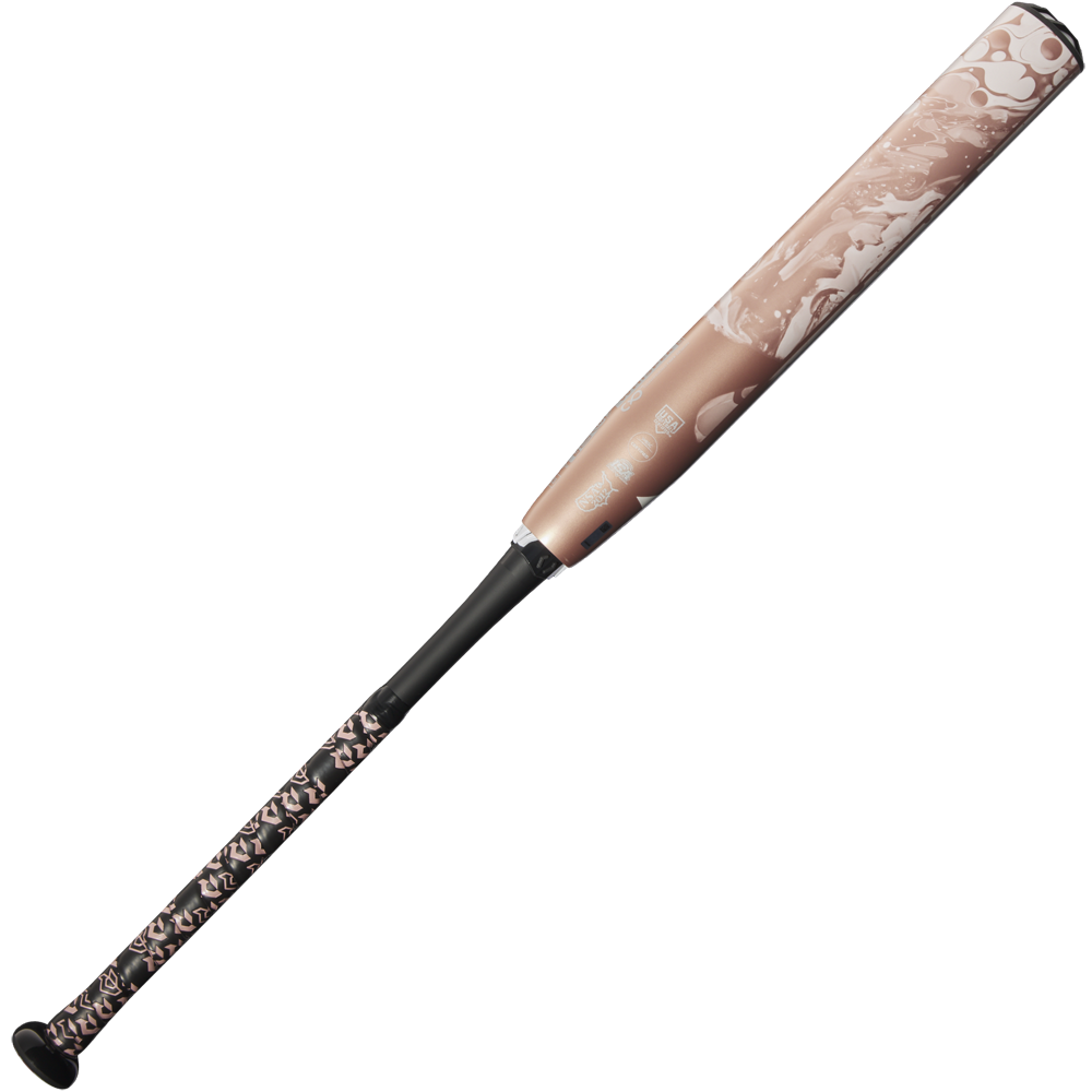 The 2025 DeMarini Whisper (-10) Fastpitch Softball Bat (WBD2544010) features a metallic pink barrel with a marbled pink and white design, black handle, and abstract pink, black, and white grip area. Made with continuous fiber composite construction.