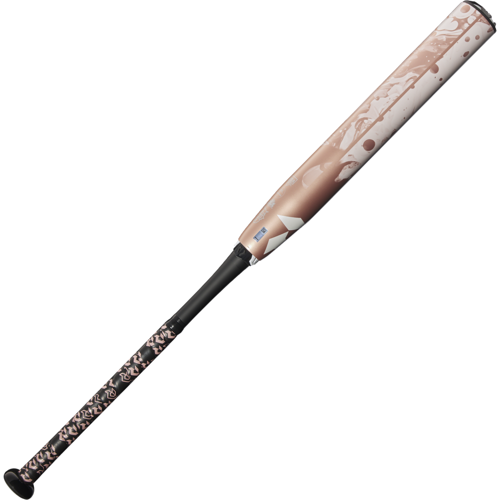 The 2025 DeMarini Whisper (-10) Fastpitch Softball Bat: WBD2544010 features a black handle and a pink, white, and black patterned barrel and grip made from continuous fiber composite, shown against a plain white background.
