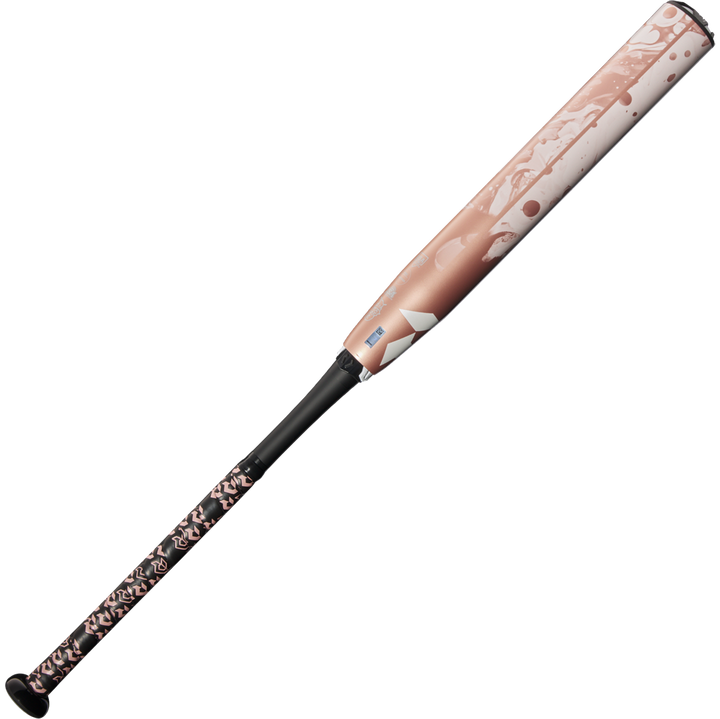 The 2025 DeMarini Whisper (-10) Fastpitch Softball Bat: WBD2544010 features a black handle and a pink, white, and black patterned barrel and grip made from continuous fiber composite, shown against a plain white background.