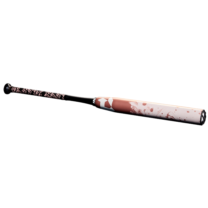 A 2025 DeMarini Whisper (-10) Fastpitch Softball Bat (WBD2544010) by DeMarini in black and pink, with a patterned handle and pink/white splatter barrel design, made from continuous fiber composite, shown on a white background.