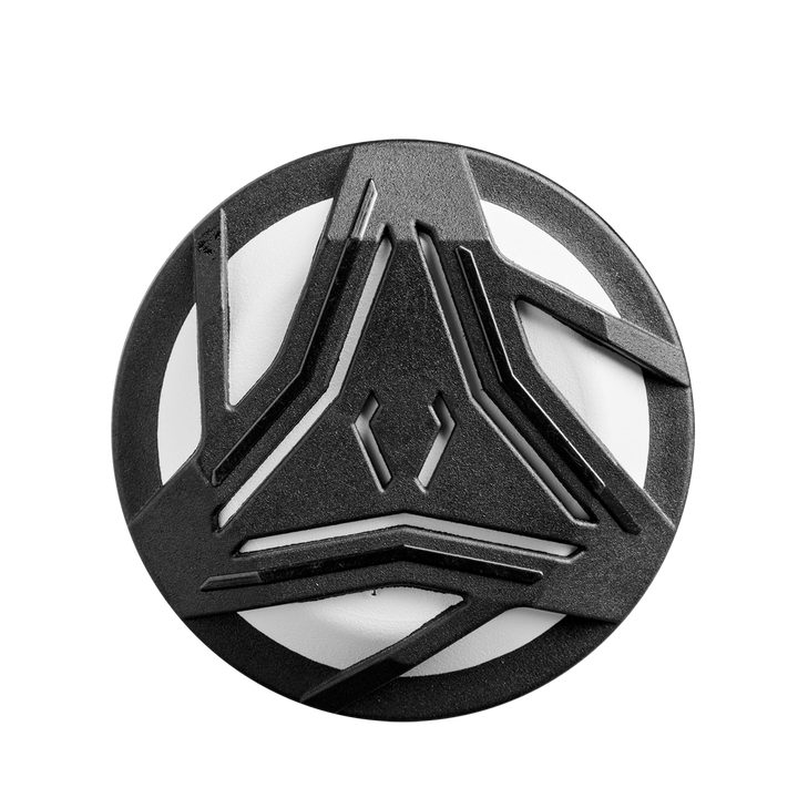 A round black and white object with a geometric, futuristic design of intersecting lines, inspired by the advanced engineering of the DeMarini 2025 Whisper (-10) Fastpitch Softball Bat (WBD2544010), shown from above against a white background.