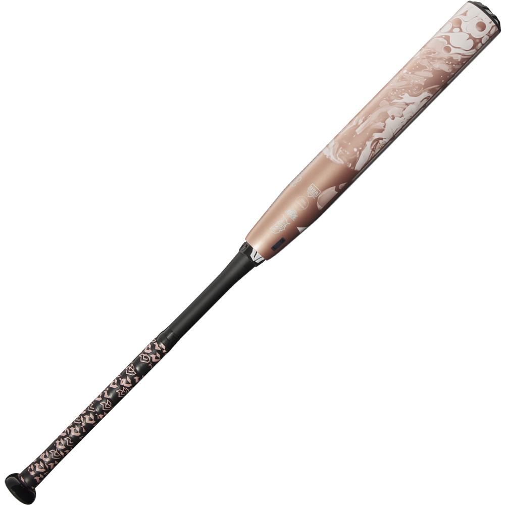 The 2025 DeMarini Whisper (-9) Fastpitch Softball Bat (WBD2545010 DEMO) features a rose gold and black design, patterned grip, textured swirling barrel with Continuous Fiber Composite, shown against a plain white background.