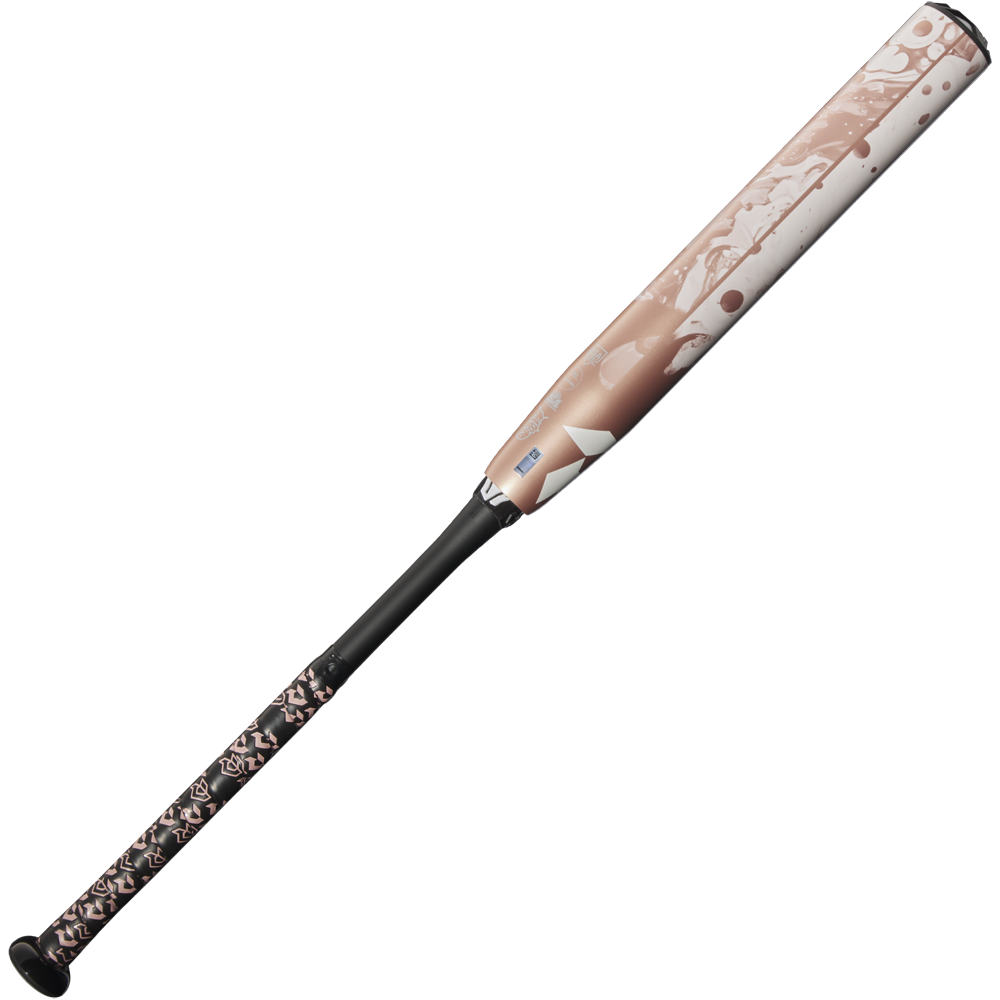 The 2025 DeMarini Whisper (-9) Fastpitch Softball Bat (WBD2545010) features a pink, white, and black barrel with geometric grip patterns and Amplified Gapped Wall Barrel technology.