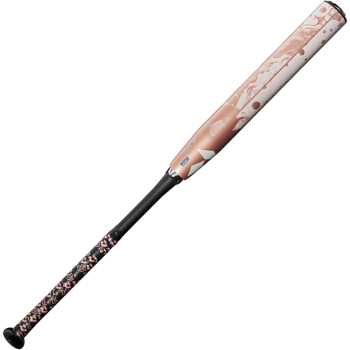 The 2025 DeMarini Whisper (-9) Fastpitch Softball Bat (WBD2545010) features a pink, white, and black barrel with geometric grip patterns and Amplified Gapped Wall Barrel technology.