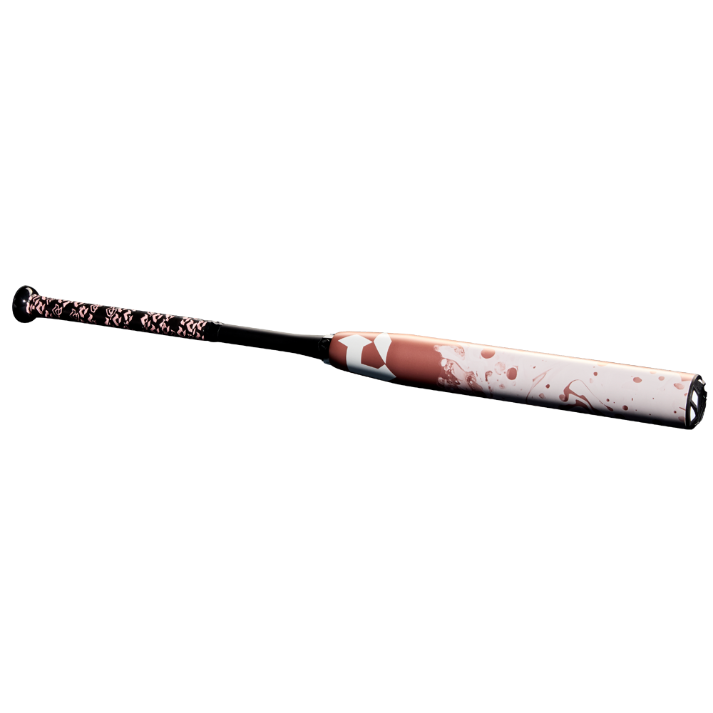 The 2025 DeMarini Whisper (-9) Fastpitch Softball Bat (WBD2545010 DEMO) features a black handle with a pink pattern, a white barrel with pink and red splatters, and is crafted from Continuous Fiber Composite for top performance.