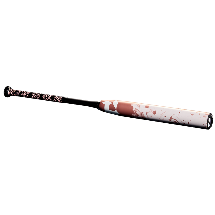 The 2025 DeMarini Whisper (-9) Fastpitch Softball Bat (WBD2545010 DEMO) features a black handle with a pink pattern, a white barrel with pink and red splatters, and is crafted from Continuous Fiber Composite for top performance.