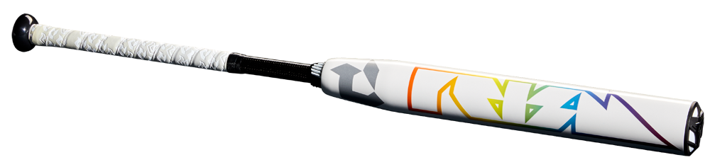 A 2025 DeMarini Prism+ (-11) Fastpitch Softball Bat (USED) by DeMarini, featuring a black grip with white tape and geometric multicolored designs on its Continuous Fiber Composite Gapped Wall Barrel, displayed on a plain background.