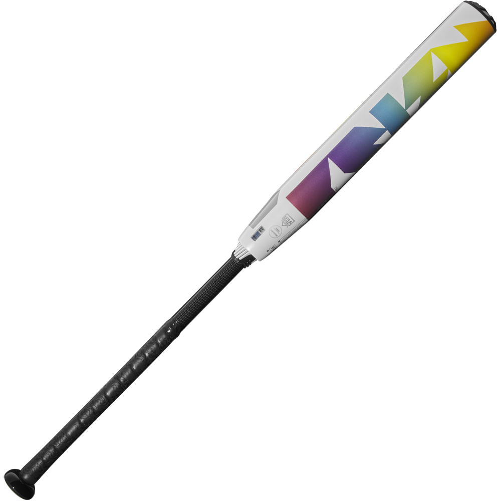 The 2025 DeMarini Prism+ (-10) Fastpitch Softball Bat (WBD2548010) features a white design with a black handle and colorful geometric barrel, offers a balanced swing weight, and uses Continuous Fiber Composite construction.
