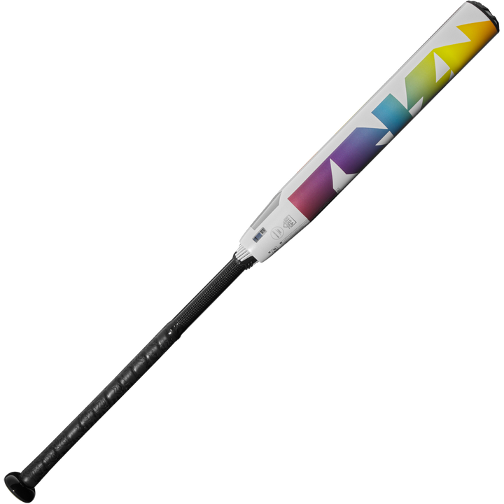 The 2025 DeMarini Prism+ (-10) Fastpitch Softball Bat (WBD2548010) features a white design with a black handle and colorful geometric barrel, offers a balanced swing weight, and uses Continuous Fiber Composite construction.