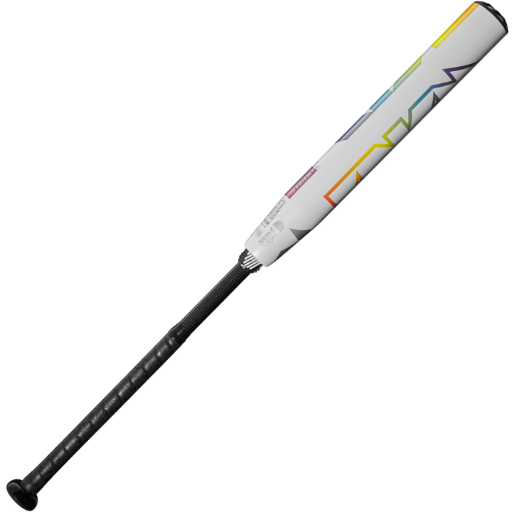 The 2025 DeMarini Prism+ (-10) Fastpitch Softball Bat (WBD2548010) features a white barrel with colorful, abstract designs, a black grip, and balanced swing weight. Shown on a plain white background.