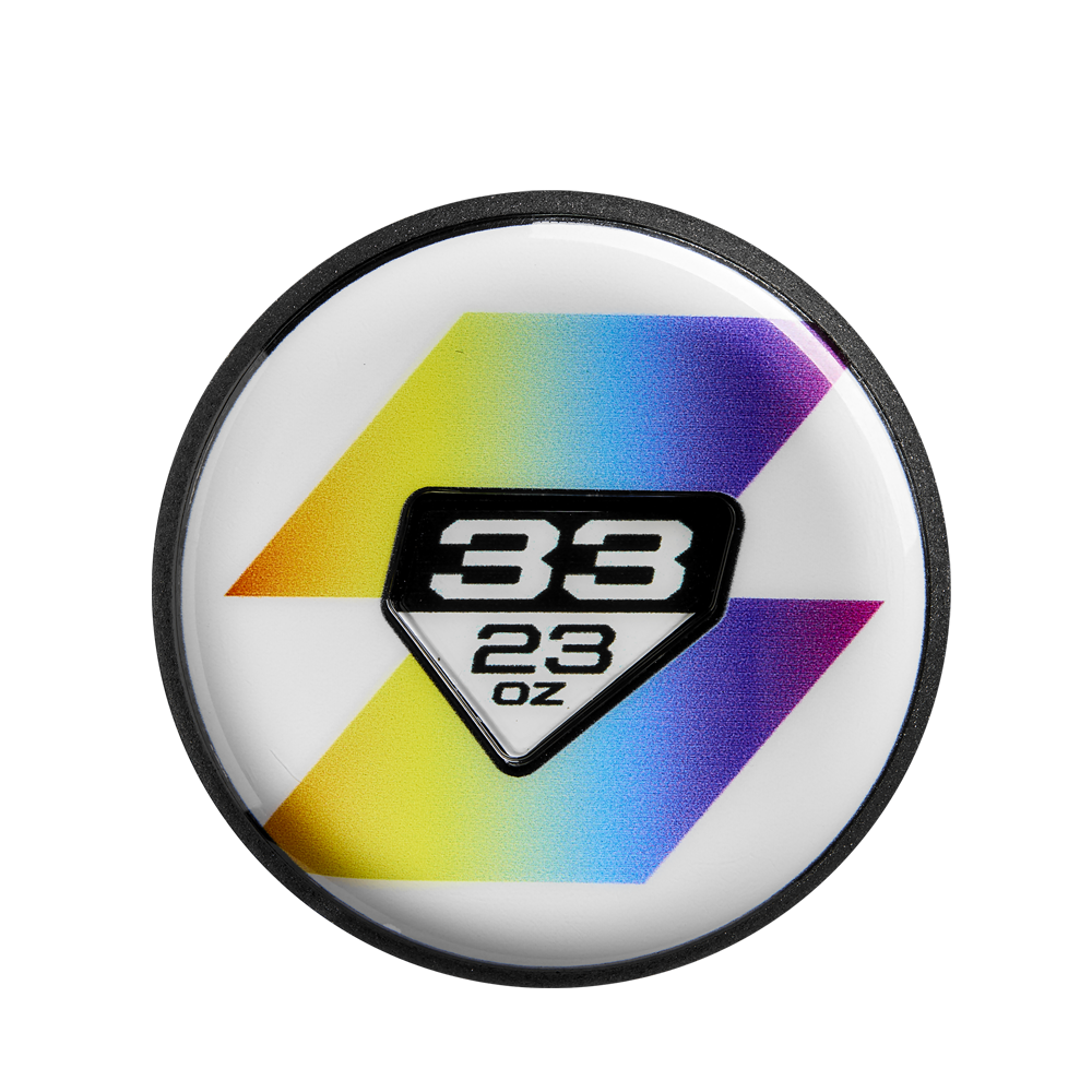 A round white object with a black border, featuring a colorful gradient chevron and "33 23 oz" in black—ideal to showcase balanced swing weight for the DeMarini 2025 Prism+ (-10) Fastpitch Softball Bat (WBD2548010).