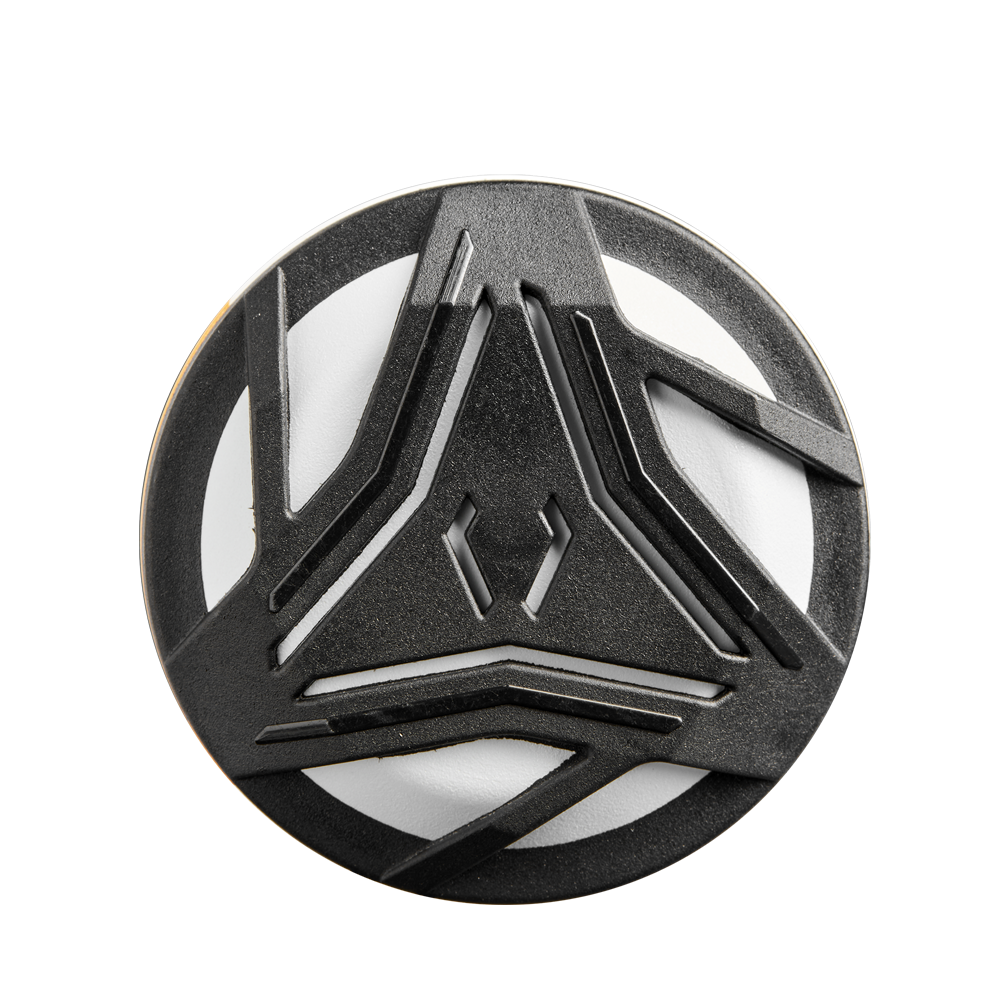 A circular object with a white background and black geometric lines forms a symmetrical, abstract pattern—similar to the precise design of the 2025 DeMarini Prism+ (-10) Fastpitch Softball Bat: WBD2548010 by DeMarini.