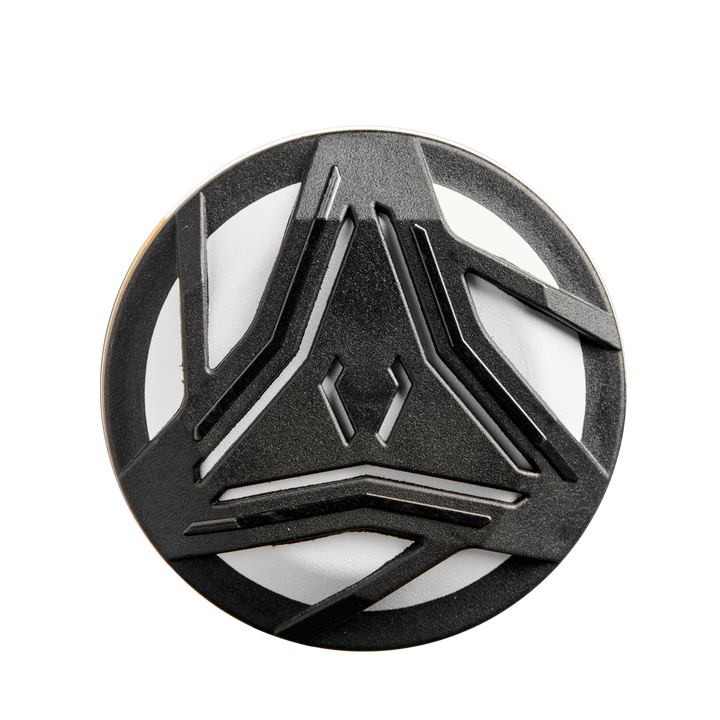 A circular object with a white background and black geometric lines forms a symmetrical, abstract pattern—similar to the precise design of the 2025 DeMarini Prism+ (-10) Fastpitch Softball Bat: WBD2548010 by DeMarini.