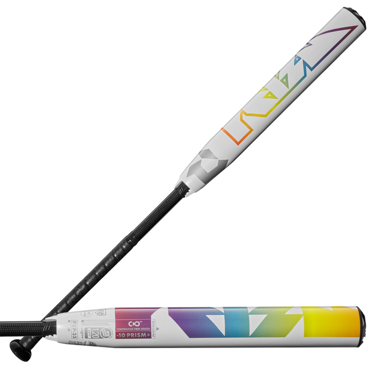 Two DeMarini 2025 Prism+ (-10) Fastpitch Softball Bats with bold geometric rainbow barrels and black textured grips are arranged diagonally on a white background, showcasing their balanced swing weight.