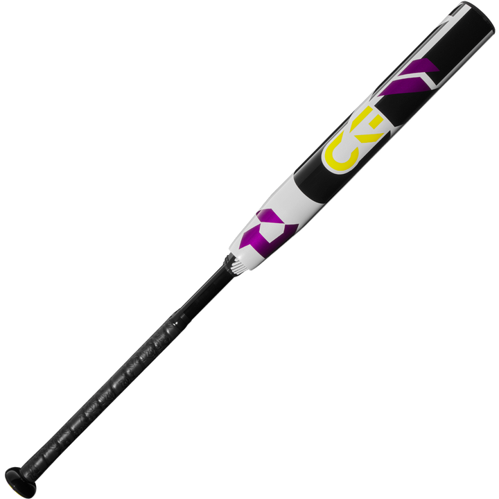 The 2025 DeMarini CF (-11) Fastpitch Softball Bat (WBD2549010) showcases black, white, and gray colors with purple and yellow geometric accents, a textured black grip, and an advanced Paraflex Plus Composite barrel.