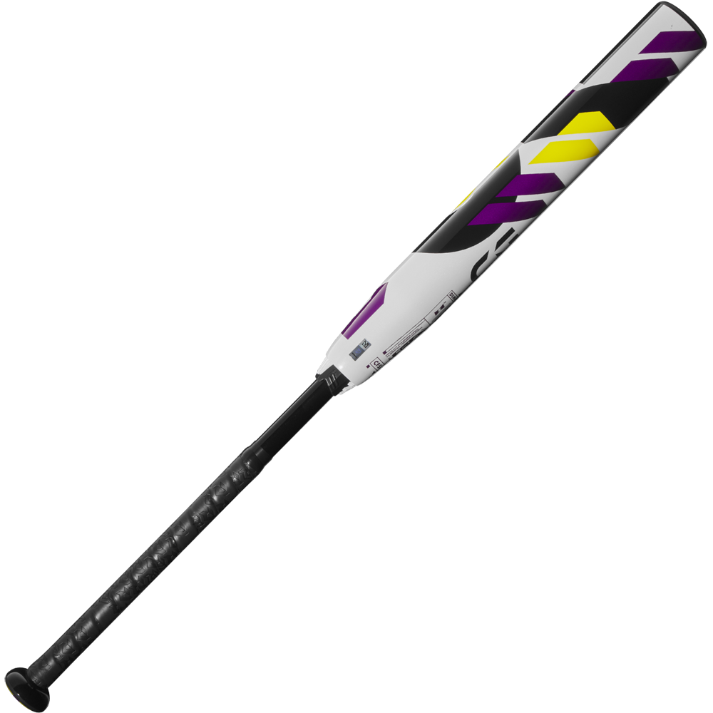 The 2025 DeMarini CF (-11) Fastpitch Softball Bat (WBD2549010) features a black handle, white barrel with purple, yellow, and black geometric designs, and is crafted from Paraflex Plus Composite for ultimate performance.