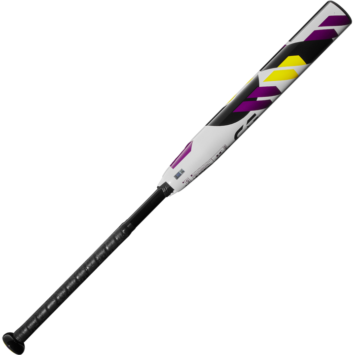 The 2025 DeMarini CF (-11) Fastpitch Softball Bat (WBD2549010) features a black handle, white barrel with purple, yellow, and black geometric designs, and is crafted from Paraflex Plus Composite for ultimate performance.