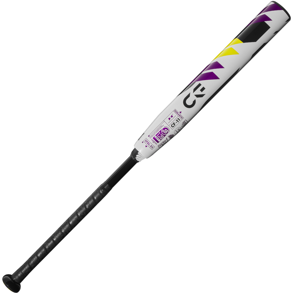 The 2025 DeMarini CF (-11) Fastpitch Softball Bat (WBD2549010) features a white and purple design, Paraflex Plus Composite construction, yellow and purple geometric barrel accents, โCFโ branding near the top, and a black grip tape handle.