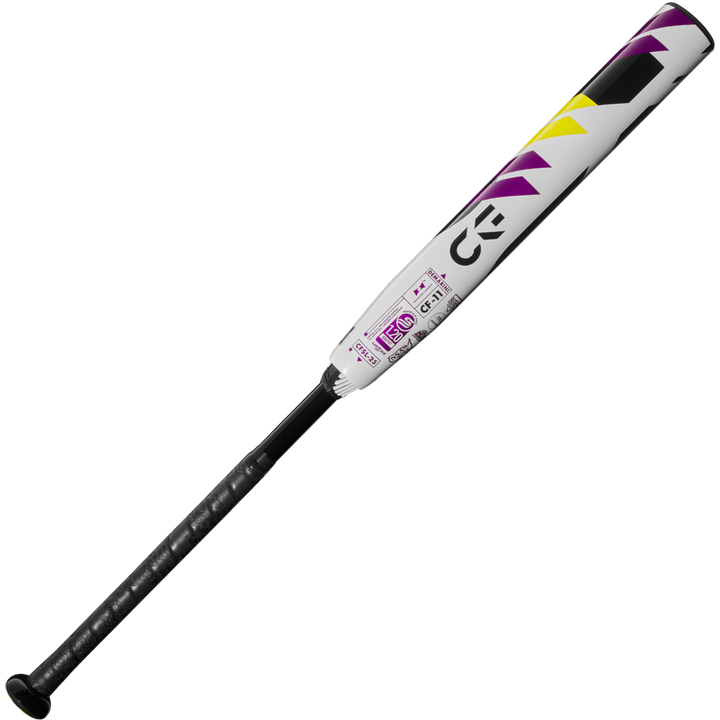The 2025 DeMarini CF (-11) Fastpitch Softball Bat (WBD2549010) features a white and purple design, Paraflex Plus Composite construction, yellow and purple geometric barrel accents, โCFโ branding near the top, and a black grip tape handle.