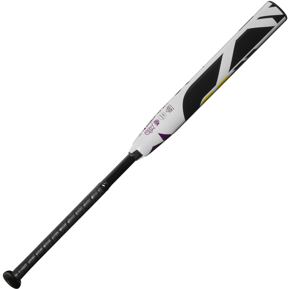 The 2025 DeMarini CF (-11) Fastpitch Softball Bat (WBD2549010) features a white and black design with gold and purple accents, a black grip handle, and Paraflex Plus Composite construction, displayed on a plain white background.