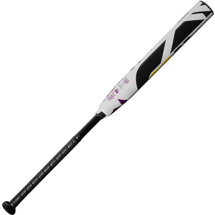 The 2025 DeMarini CF (-11) Fastpitch Softball Bat (WBD2549010) features a white and black design with gold and purple accents, a black grip handle, and Paraflex Plus Composite construction, displayed on a plain white background.