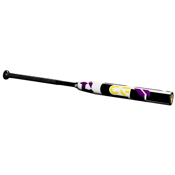 The 2025 DeMarini CF (-11) Fastpitch Softball Bat (WBD2549010) features black, white, yellow, and purple colors, a Paraflex Plus Composite barrel, and a textured black grip. Displayed on a plain white background.