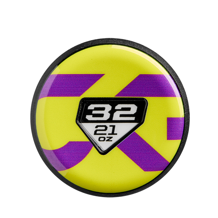A round badge with a yellow and purple background shows 32 in bold white over 21 oz inside a black-and-white shield, highlighting the DeMarini 2025 CF (-11) Fastpitch Softball Batโs advanced Paraflex Plus Composite technology.