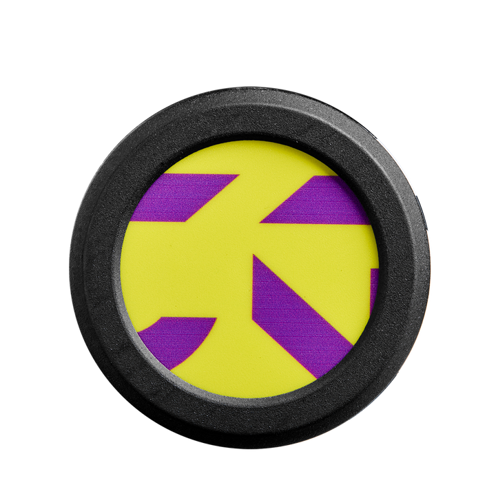 A round black frame surrounds a yellow background with bold purple geometric shapes, echoing the dynamic energy of the 2025 DeMarini CF (-11) Fastpitch Softball Bat: WBD2549010 by DeMarini.