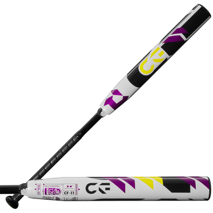 Two white 2025 DeMarini CF (-11) Fastpitch Softball Bats (WBD2549010) with purple, yellow, and black geometric designs are arranged in an X shape on a plain white backgroundโone upright, one horizontal.