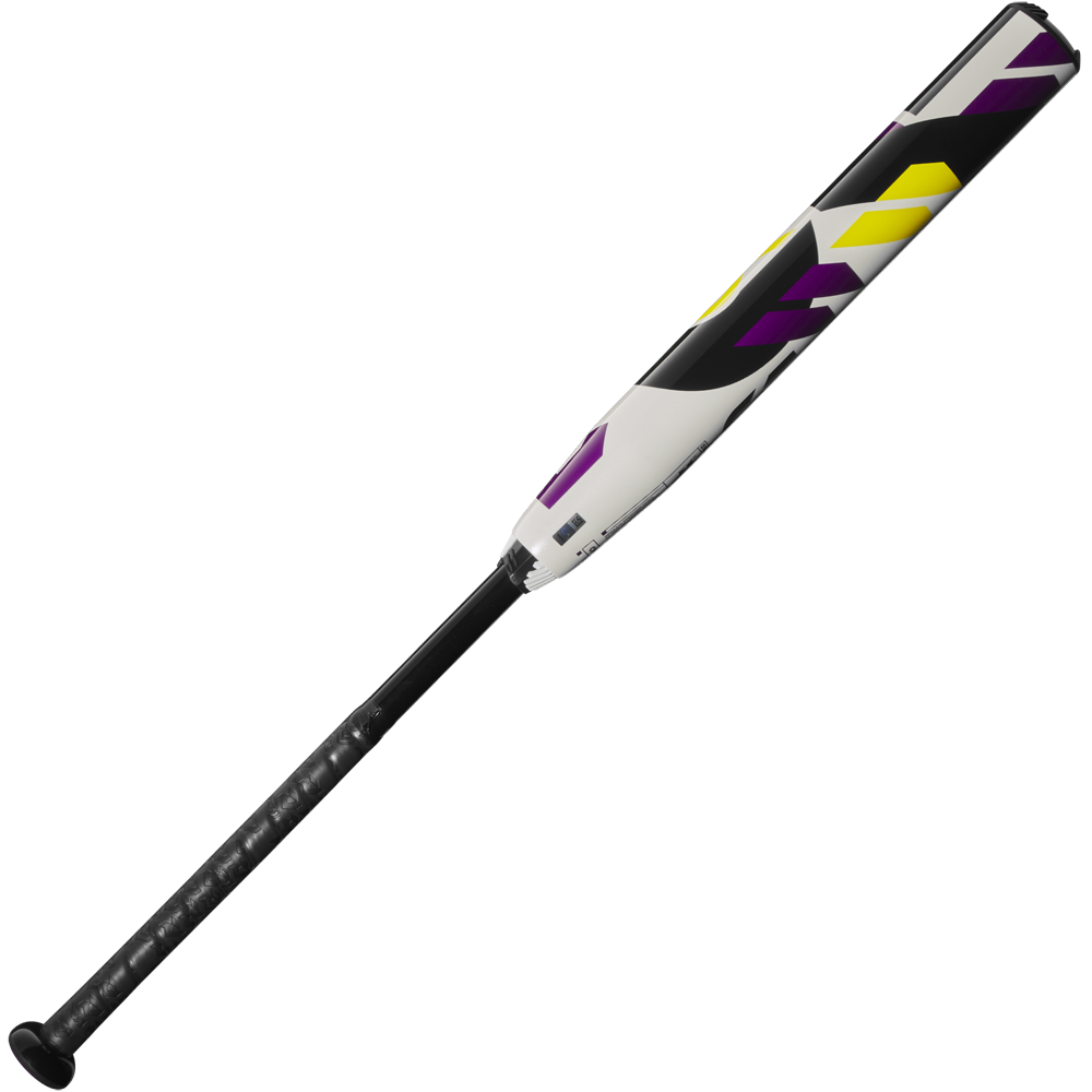 The 2025 DeMarini CF (-10) Fastpitch Softball Bat (WBD2550010) features a black handle, white barrel with bold purple and yellow geometric designs, and a Paraflex Plus Composite construction, all shown on a plain white background.