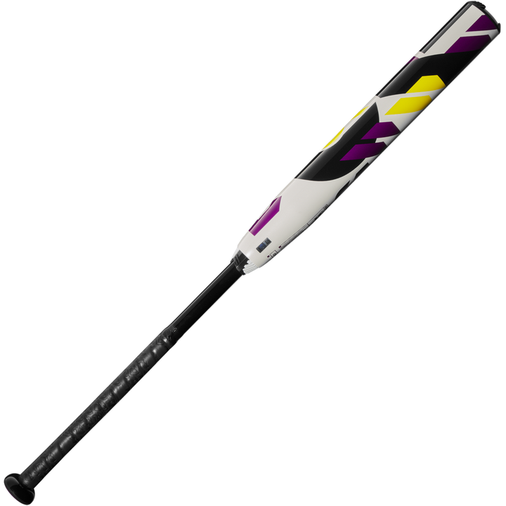 The 2025 DeMarini CF (-10) Fastpitch Softball Bat (WBD2550010) features a black handle, white barrel with bold purple and yellow geometric designs, and a Paraflex Plus Composite construction, all shown on a plain white background.