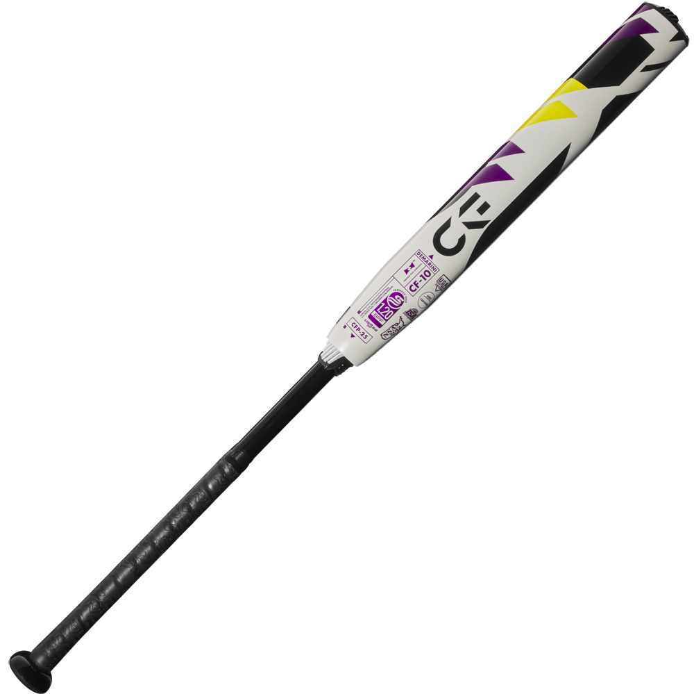 The 2025 DeMarini CF (-10) Fastpitch Softball Bat (WBD2550010) features a black handle, white barrel with purple, yellow, and black accents, and Paraflex Plus Composite for optimal performance.