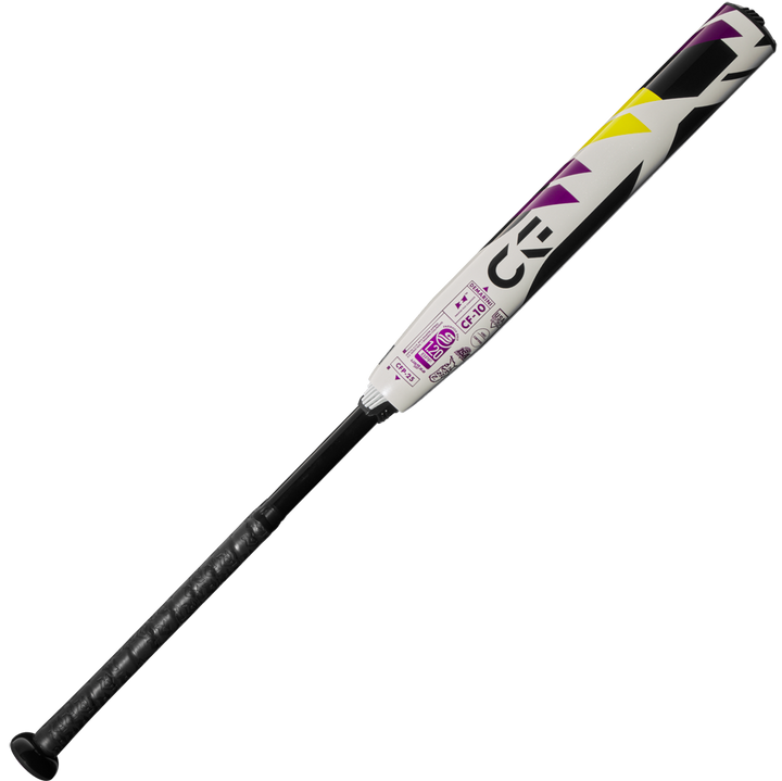 The 2025 DeMarini CF (-10) Fastpitch Softball Bat (WBD2550010) features a black handle, white barrel with purple, yellow, and black accents, and Paraflex Plus Composite for optimal performance.