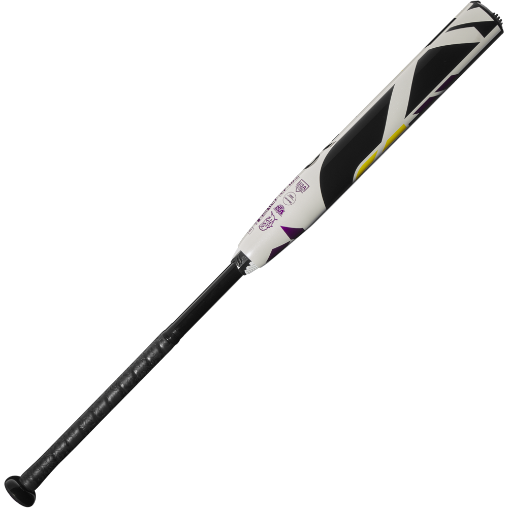 The 2025 DeMarini CF (-10) Fastpitch Softball Bat (WBD2550010) features a black handle, white barrel with purple, black, and yellow angular designs, and is made from Paraflex Plus Composite. Displayed on a white background.